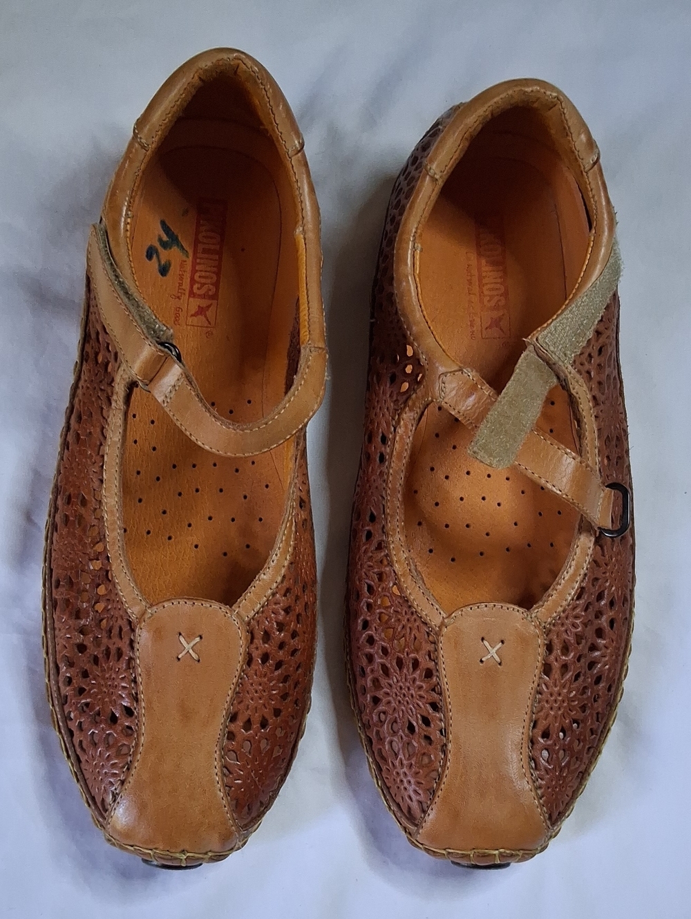 PIKOLINOS Cognac Brown Perforated Leather Mary Jane Shoes